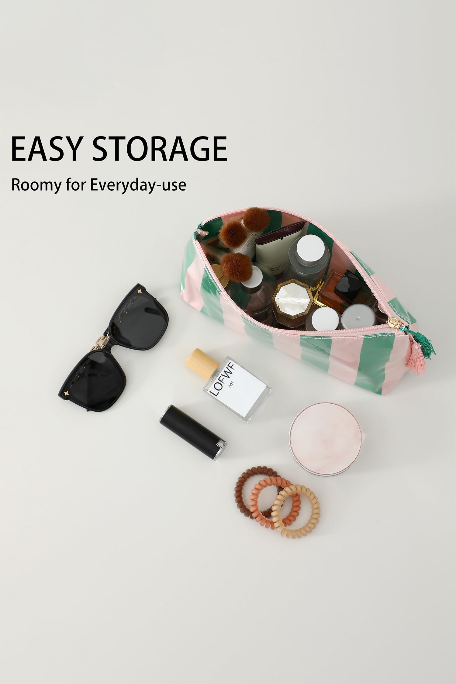 Light Pink Striped Vinyl Waterproof Tassel Zipper Makeup Bag