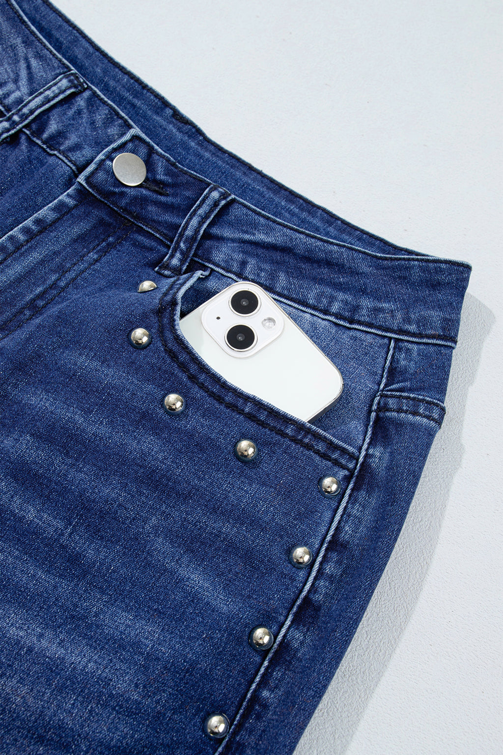 Navy Blue Studded Detail Straight Leg Casual Loose Jeans