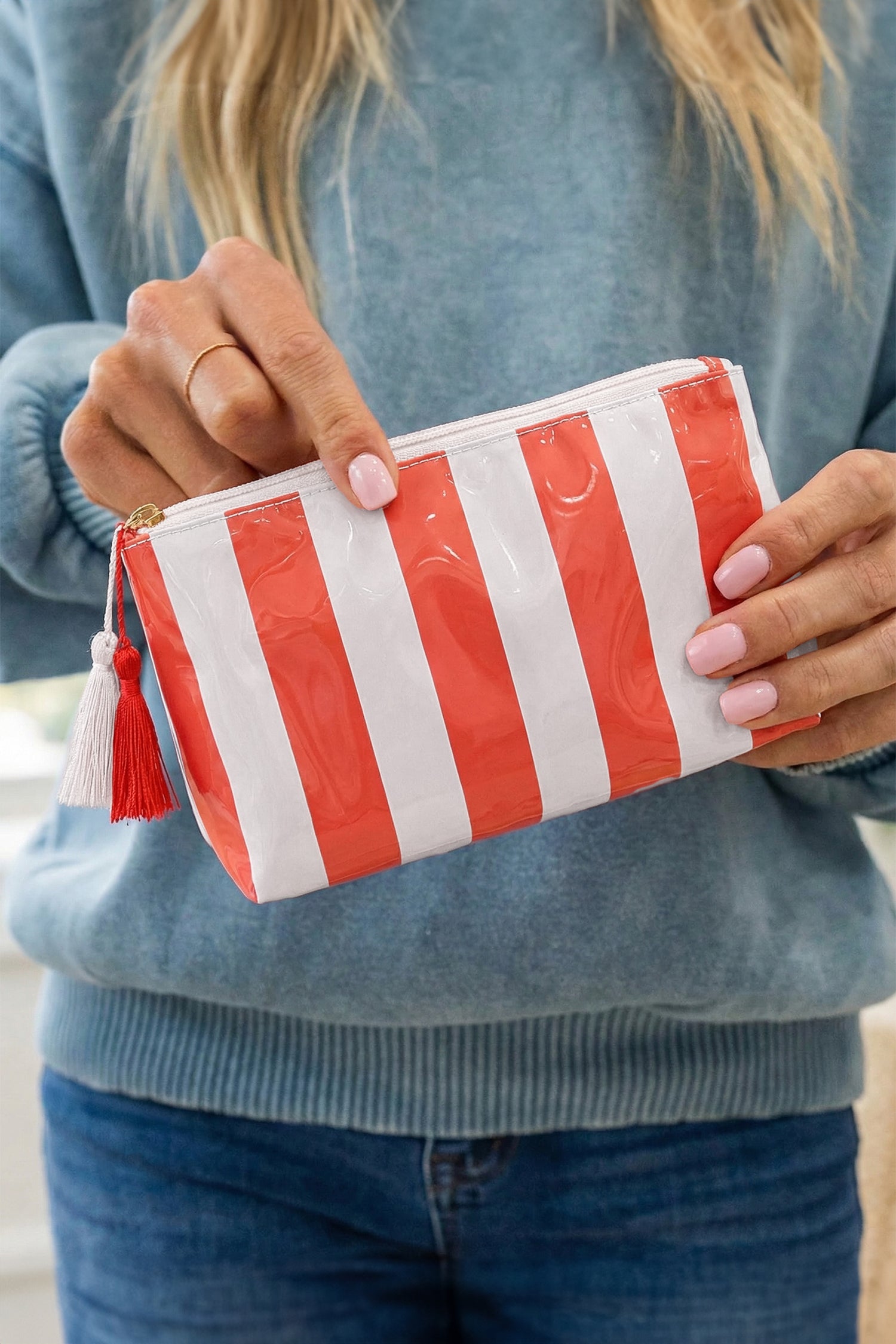 Light Pink Striped Vinyl Waterproof Tassel Zipper Makeup Bag