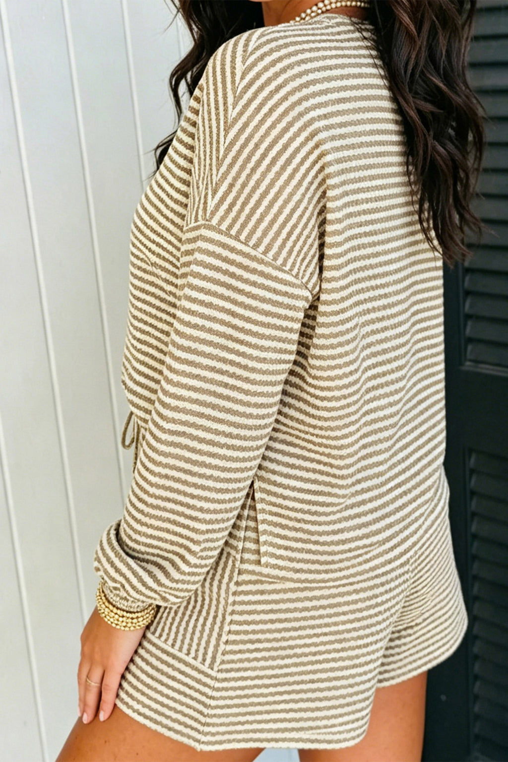 Black Stripe Textured Knit Long Sleeve Top Elastic Waist Shorts Casual Outfit