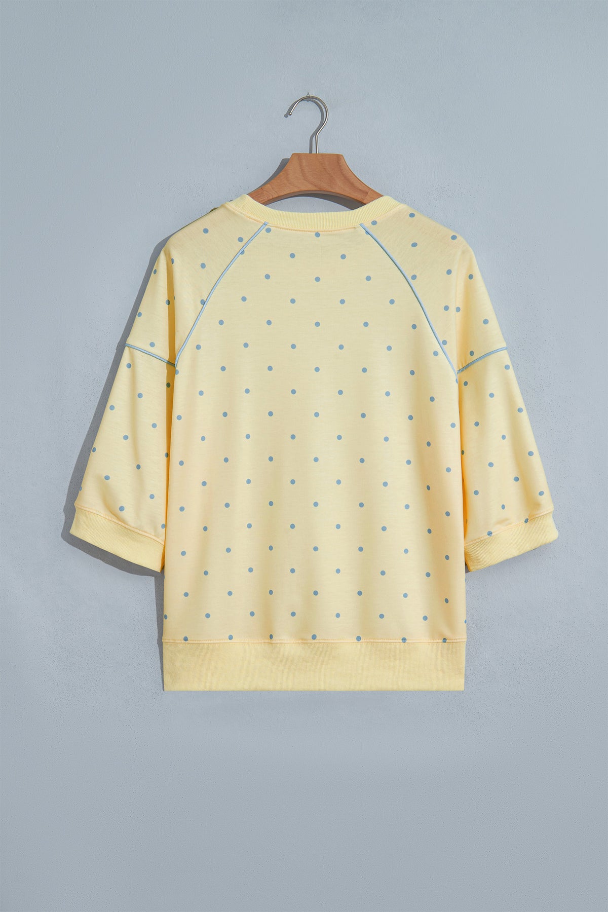 Yellow Polka Dot Print Piping Trim 3/4 Sleeve Relaxed Top