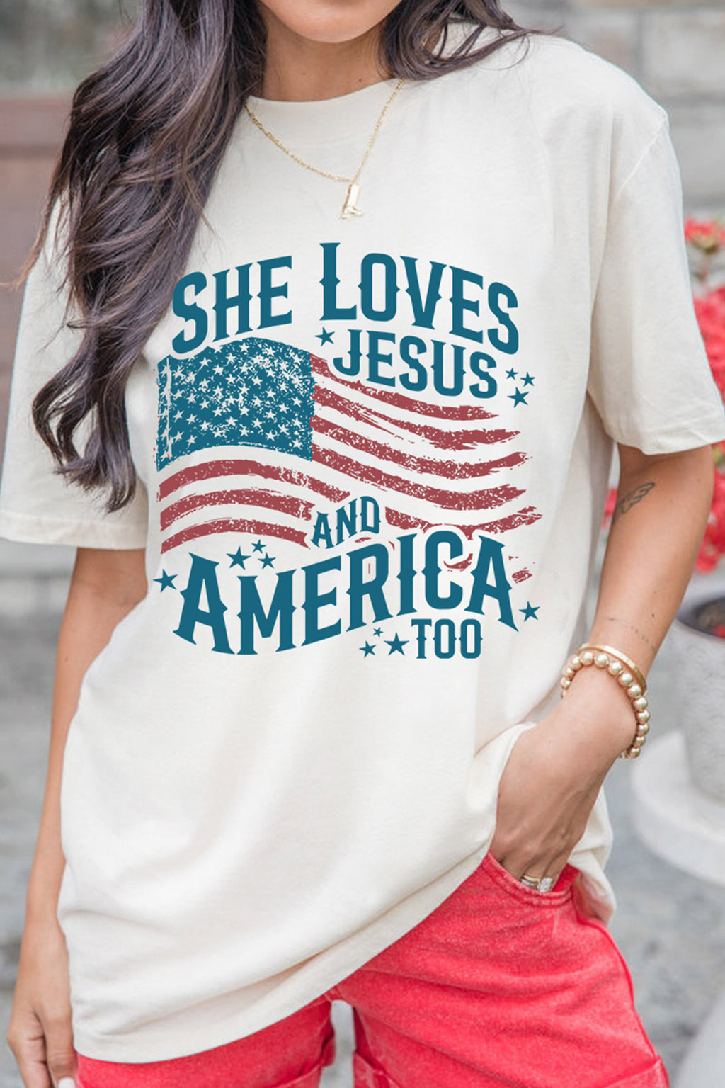 White She Loves Jesus and America Flag Graphic Tee