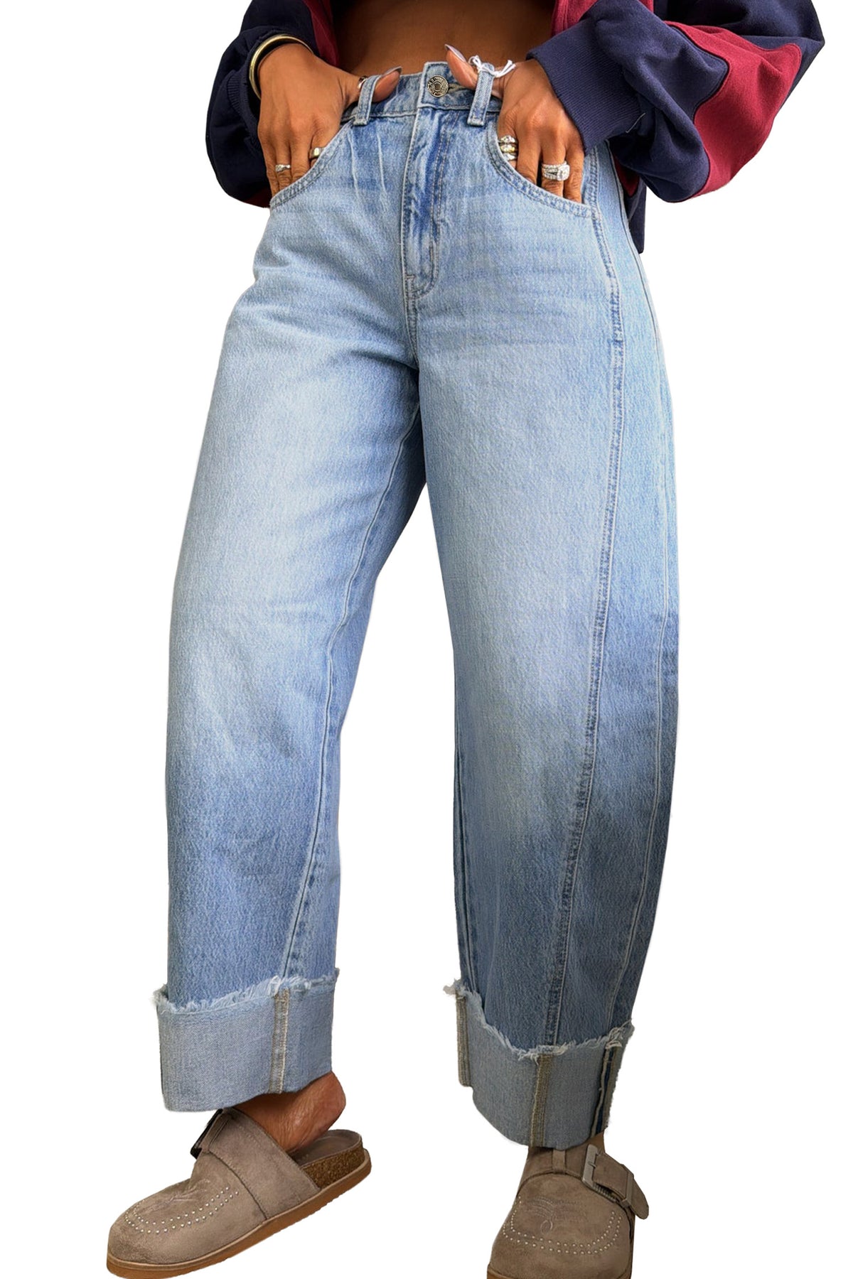 Myosotis Raw Hem Turnup Loose Ankle-length Jeans