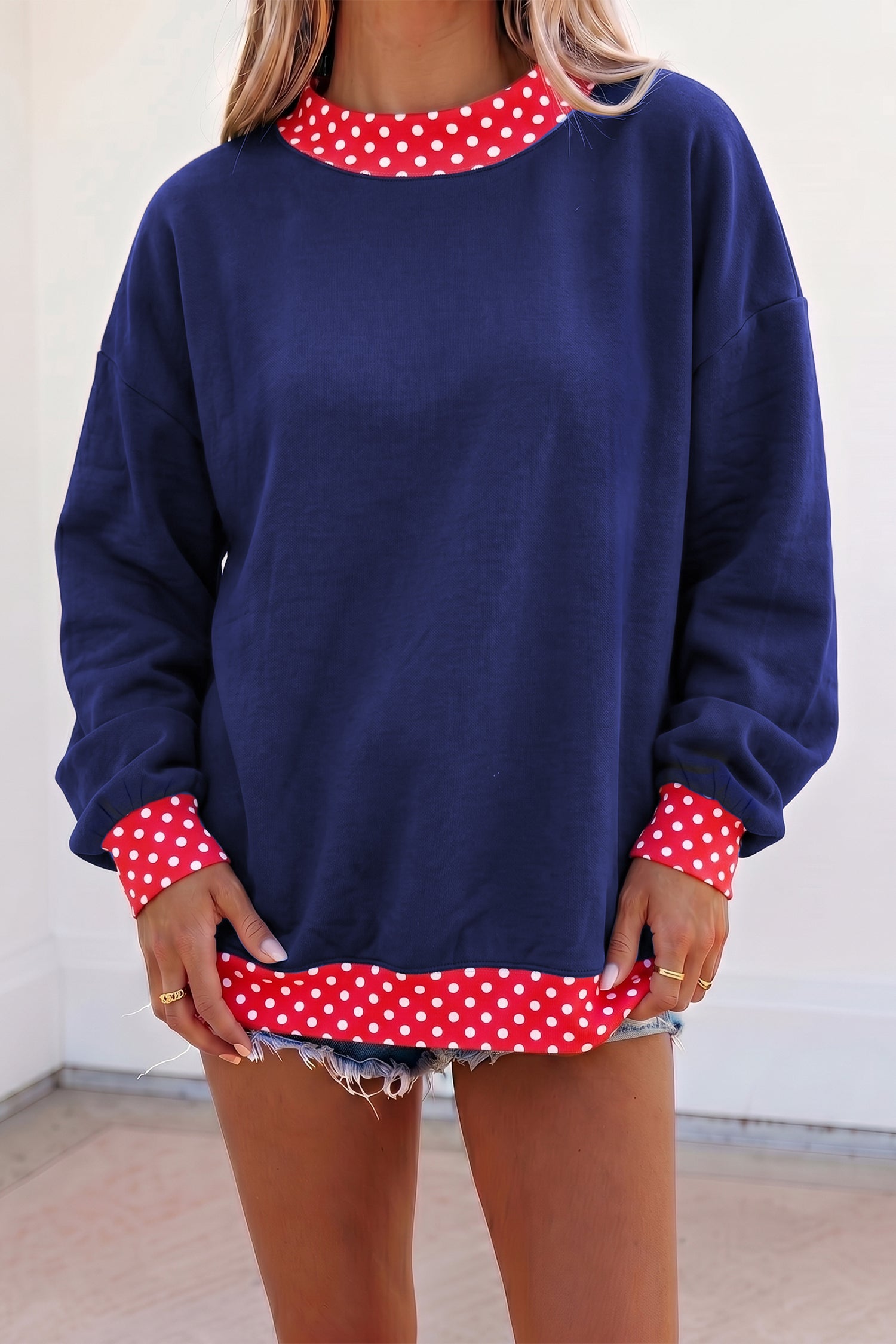 Red Colorblock Polka Dot Contrast Trim Oversized Sweatshirt