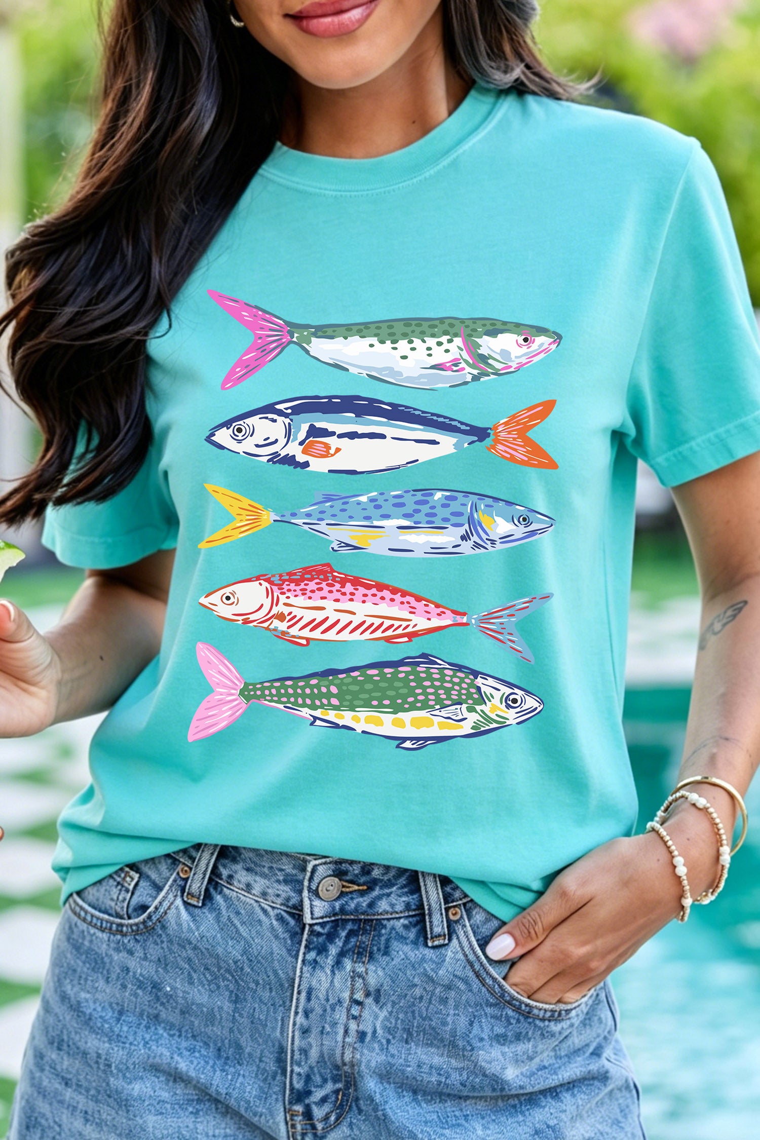 Mint Green Vibrant Fish Print Casual Short Sleeve T Shirt