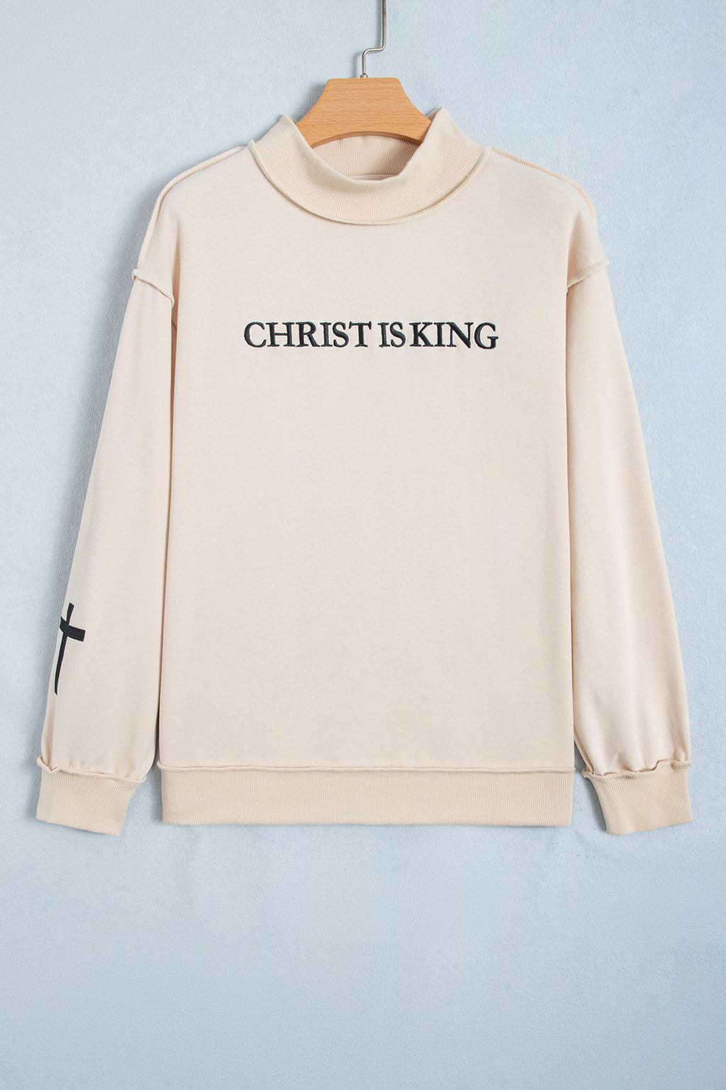 Beige CHRIST IS KING Embroidery High Neck Baggy Sweatshirt