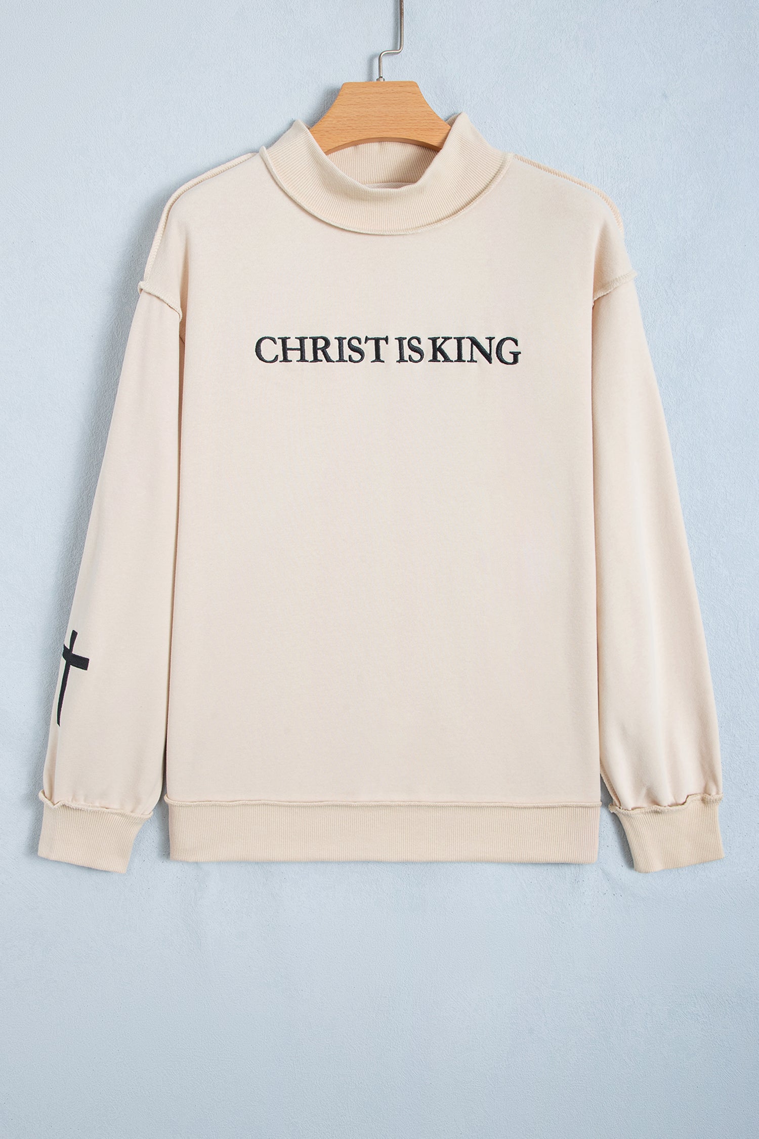Beige CHRIST IS KING Embroidery High Neck Baggy Sweatshirt