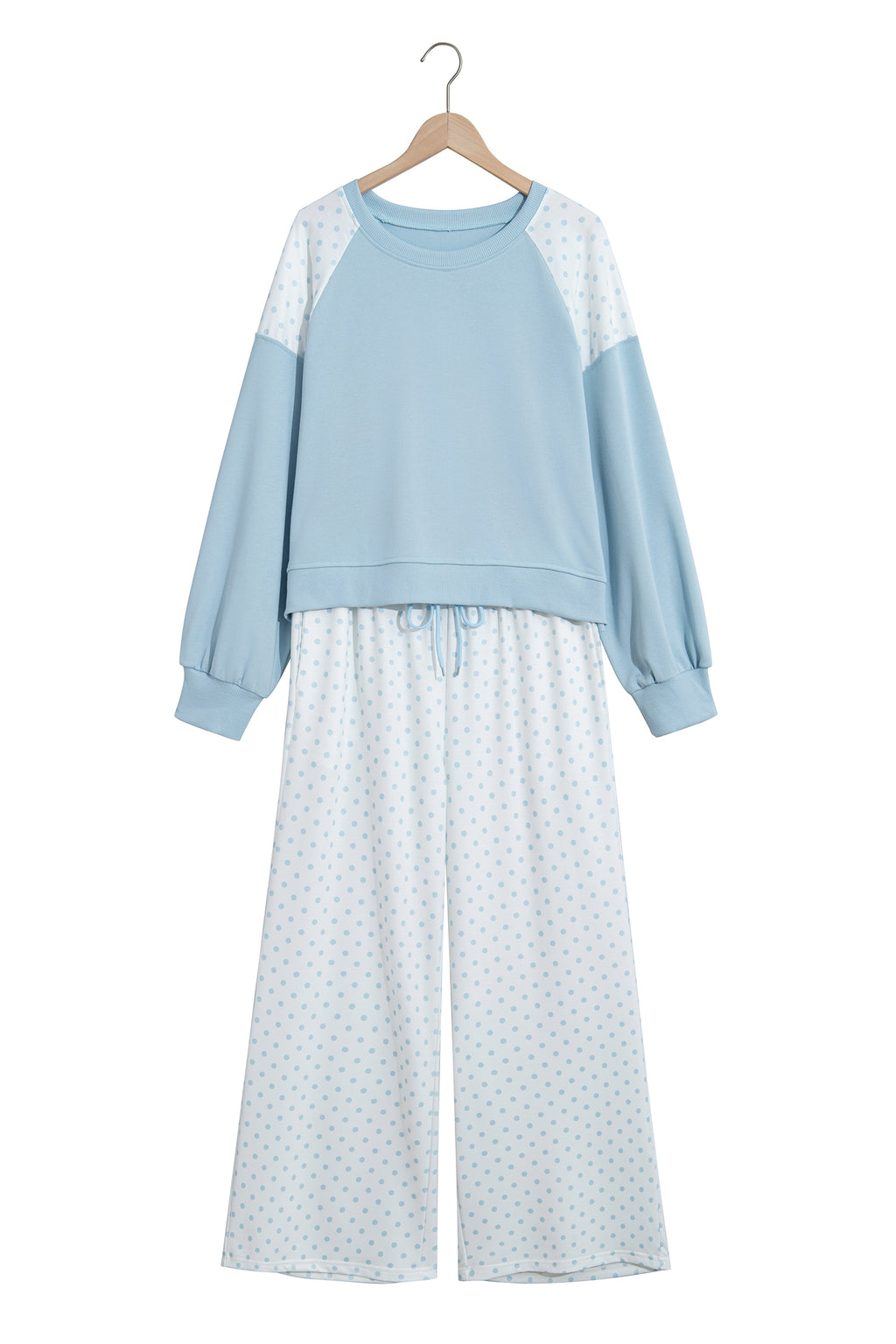 Light Blue Polka Dot Patchwork Colorblock Long Sleeve Casual Two Piece Pants Set