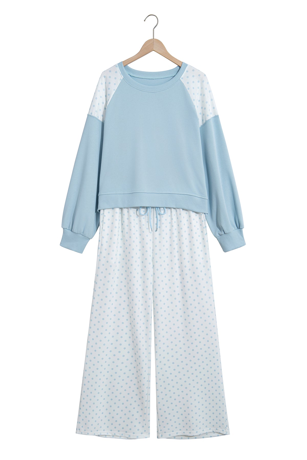 Light Blue Polka Dot Patchwork Colorblock Long Sleeve Casual Two Piece Pants Set