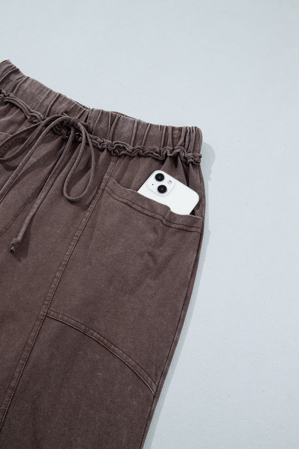 Coffee Mineral Wash Seam Detail Flare Leg Drawstring Pants