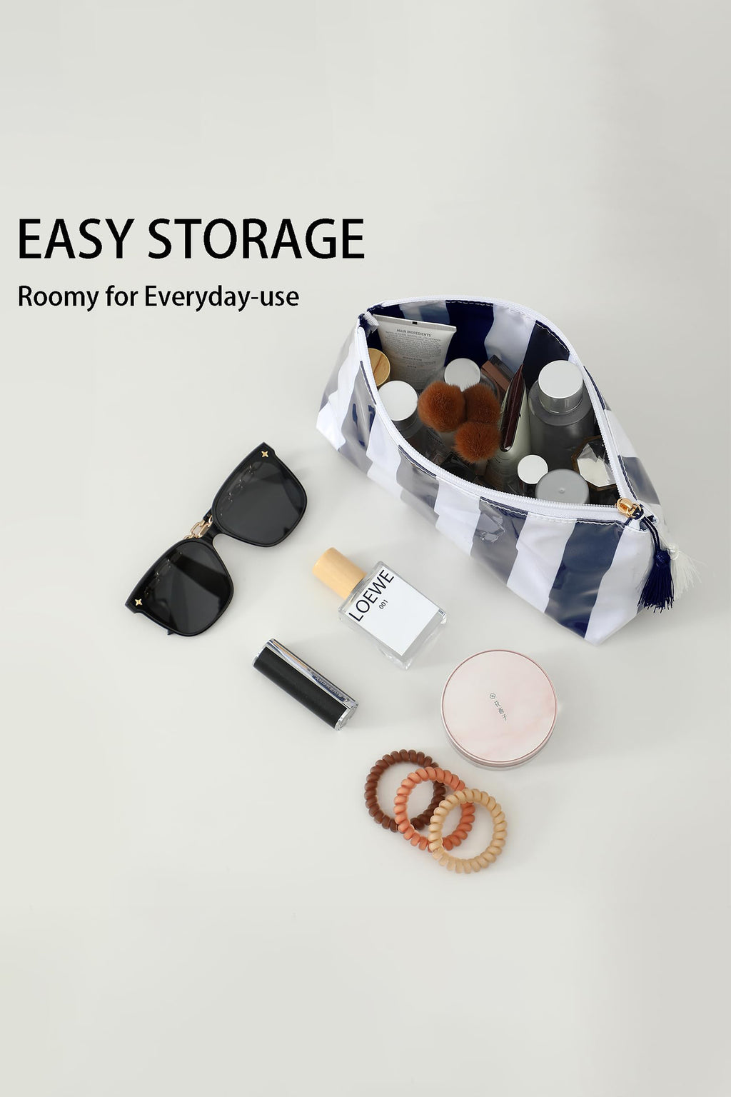 Light Pink Striped Vinyl Waterproof Tassel Zipper Makeup Bag