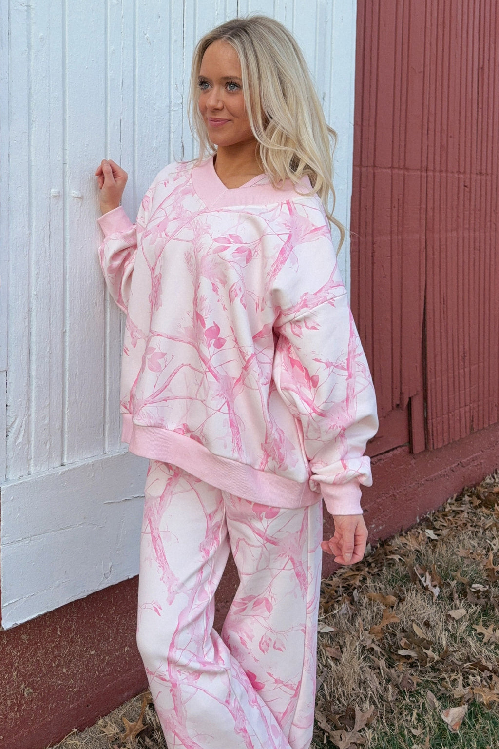 Pink Abstract Plant Print Long Sleeve V Neck Pant Set