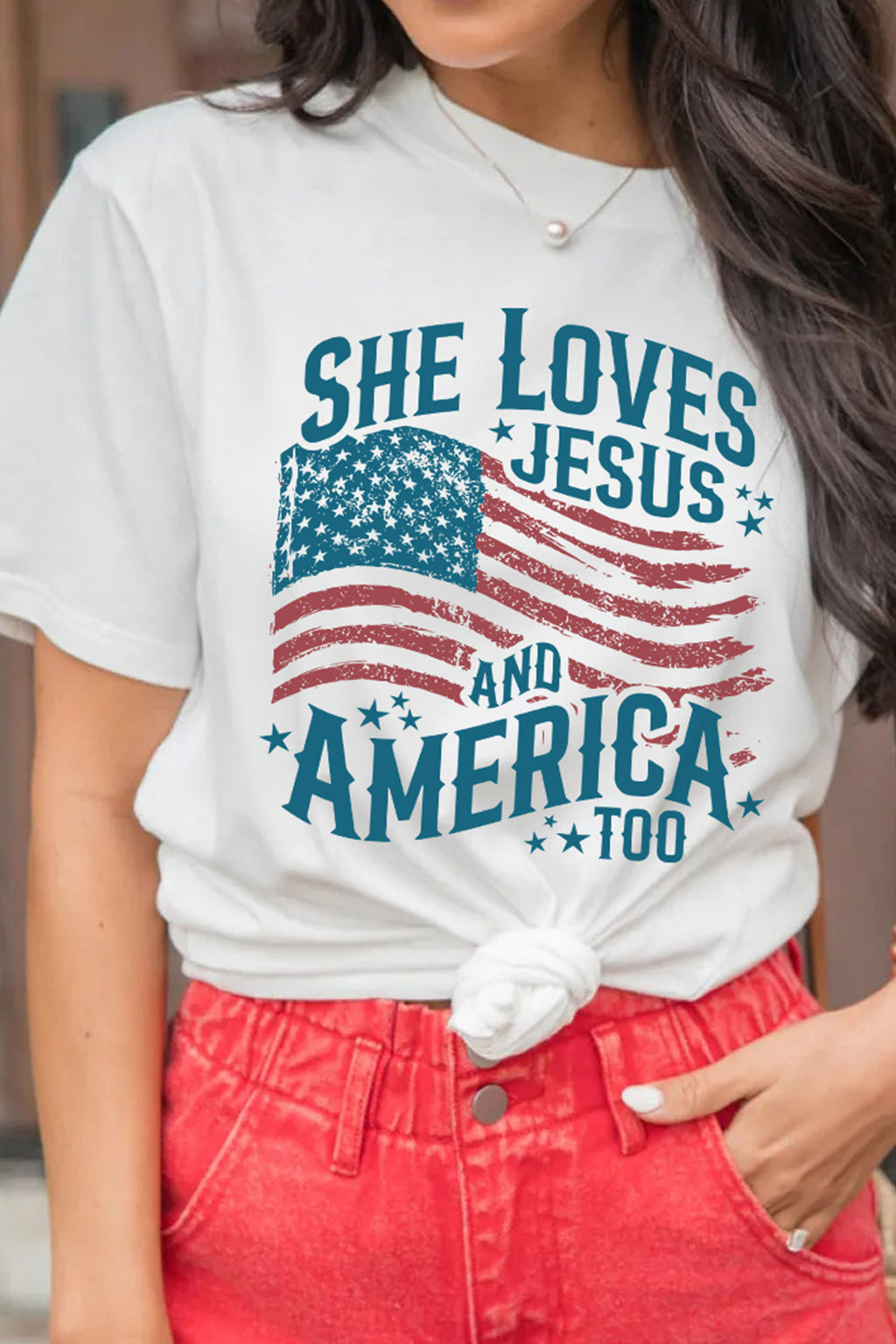 White She Loves Jesus and America Flag Graphic Tee