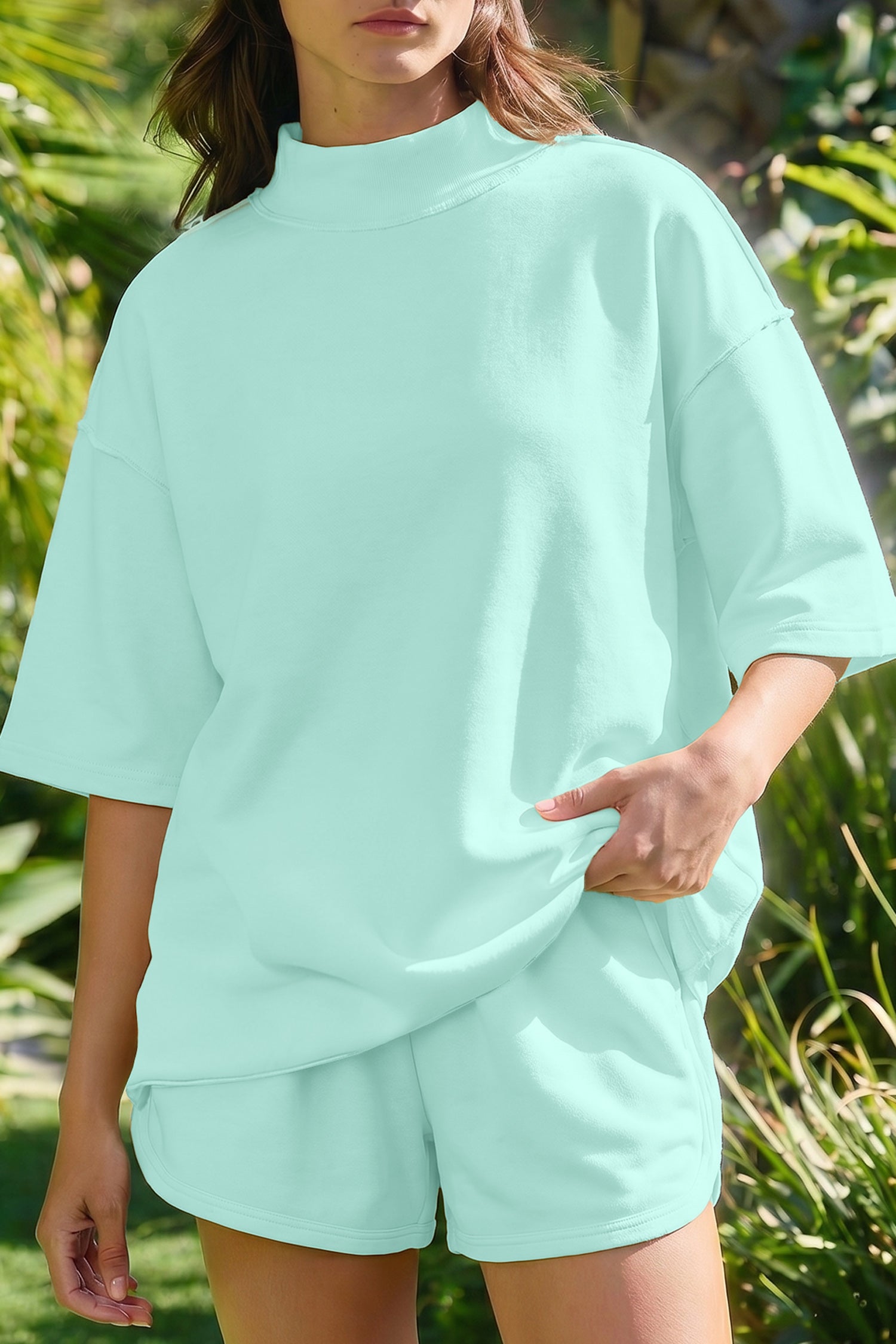 Light Pink Solid Color Exposed Seam Mock Neck Oversize Tee Casual Shorts 2pcs Outfit