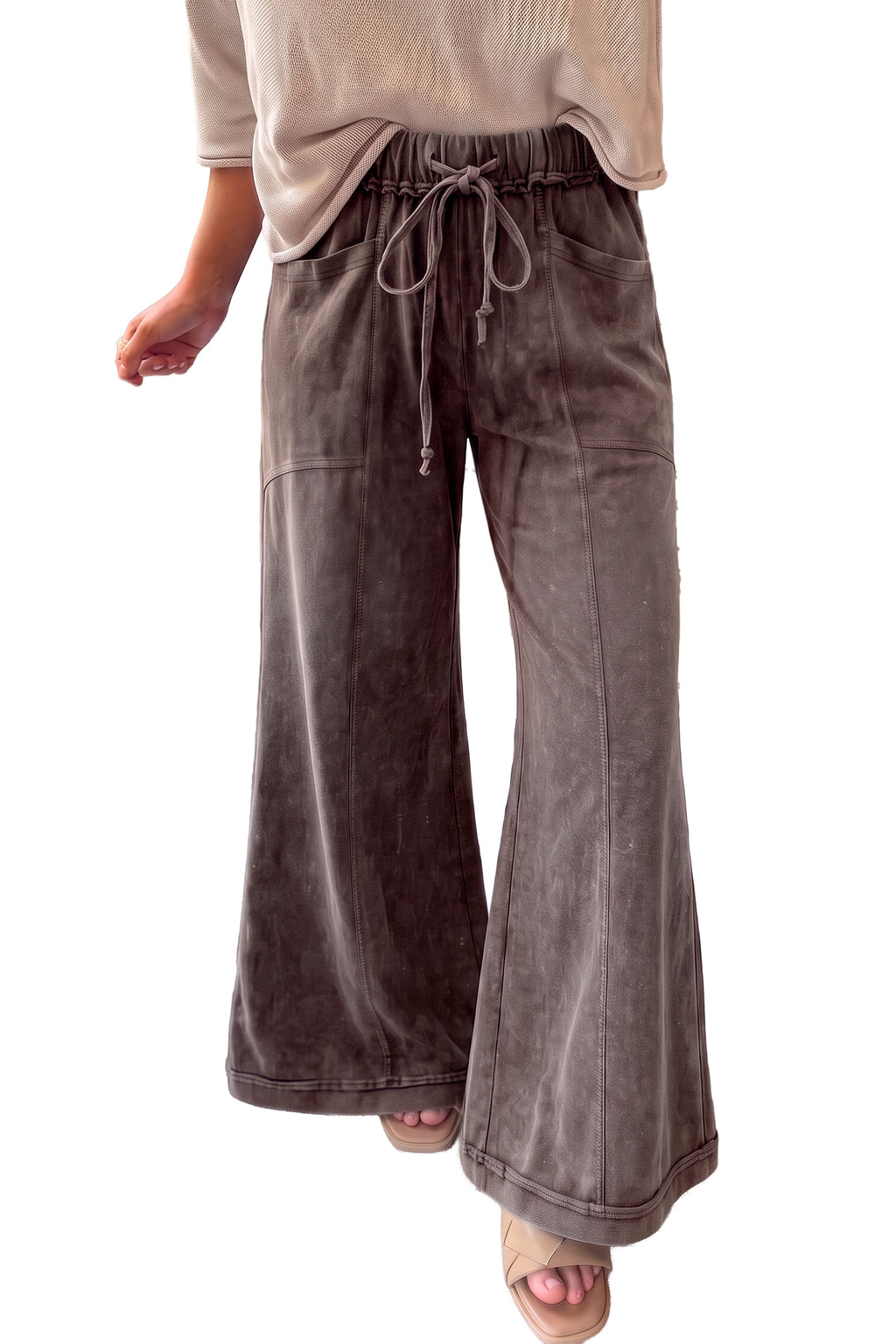 Coffee Mineral Wash Seam Detail Flare Leg Drawstring Pants