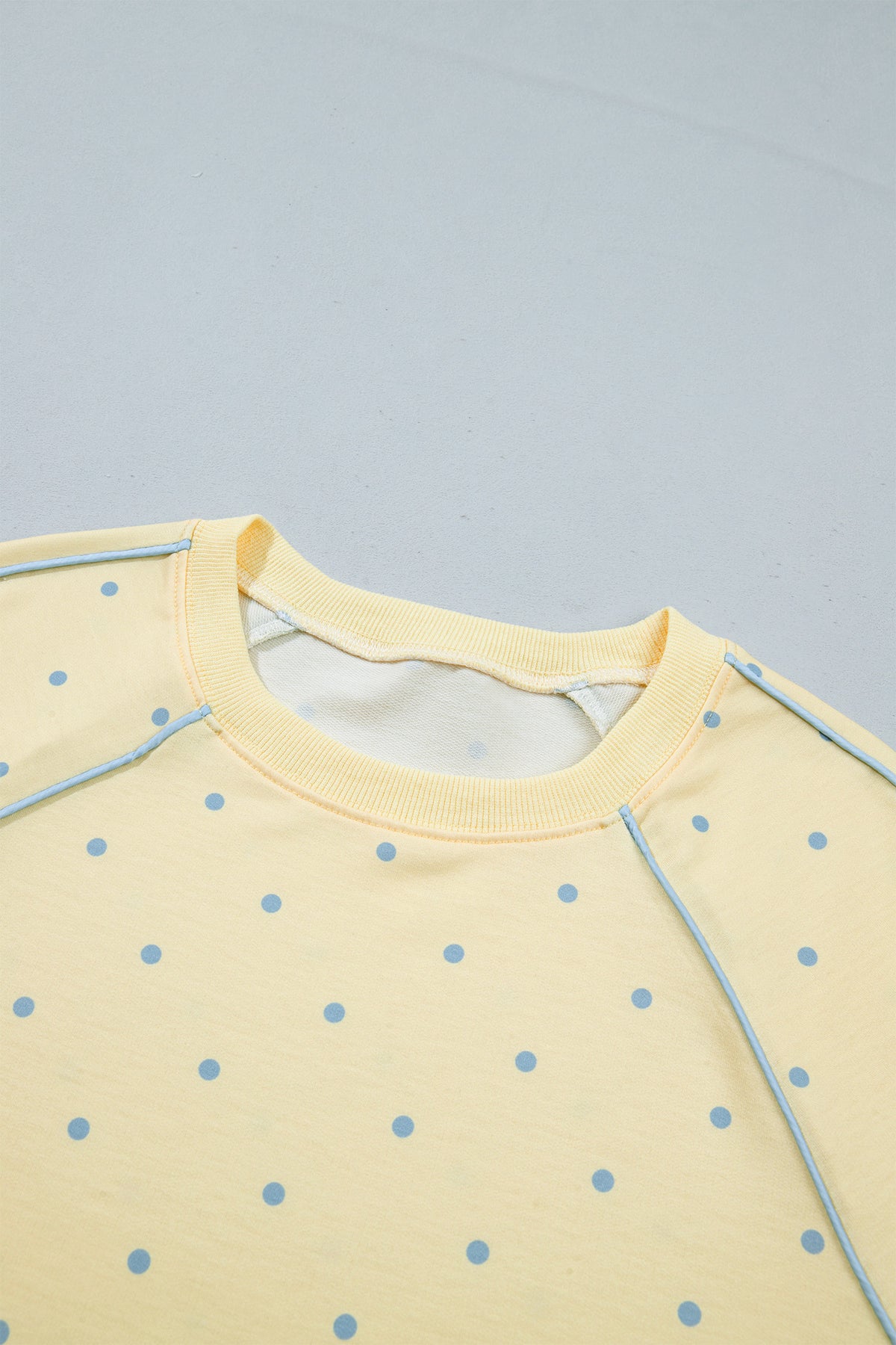 Yellow Polka Dot Print Piping Trim 3/4 Sleeve Relaxed Top