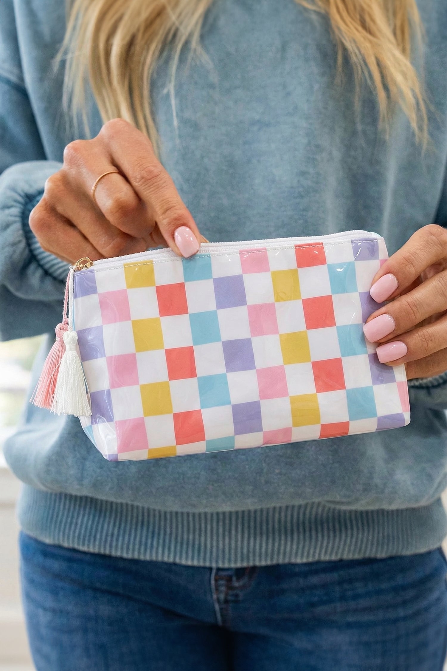 Light Pink Striped Vinyl Waterproof Tassel Zipper Makeup Bag