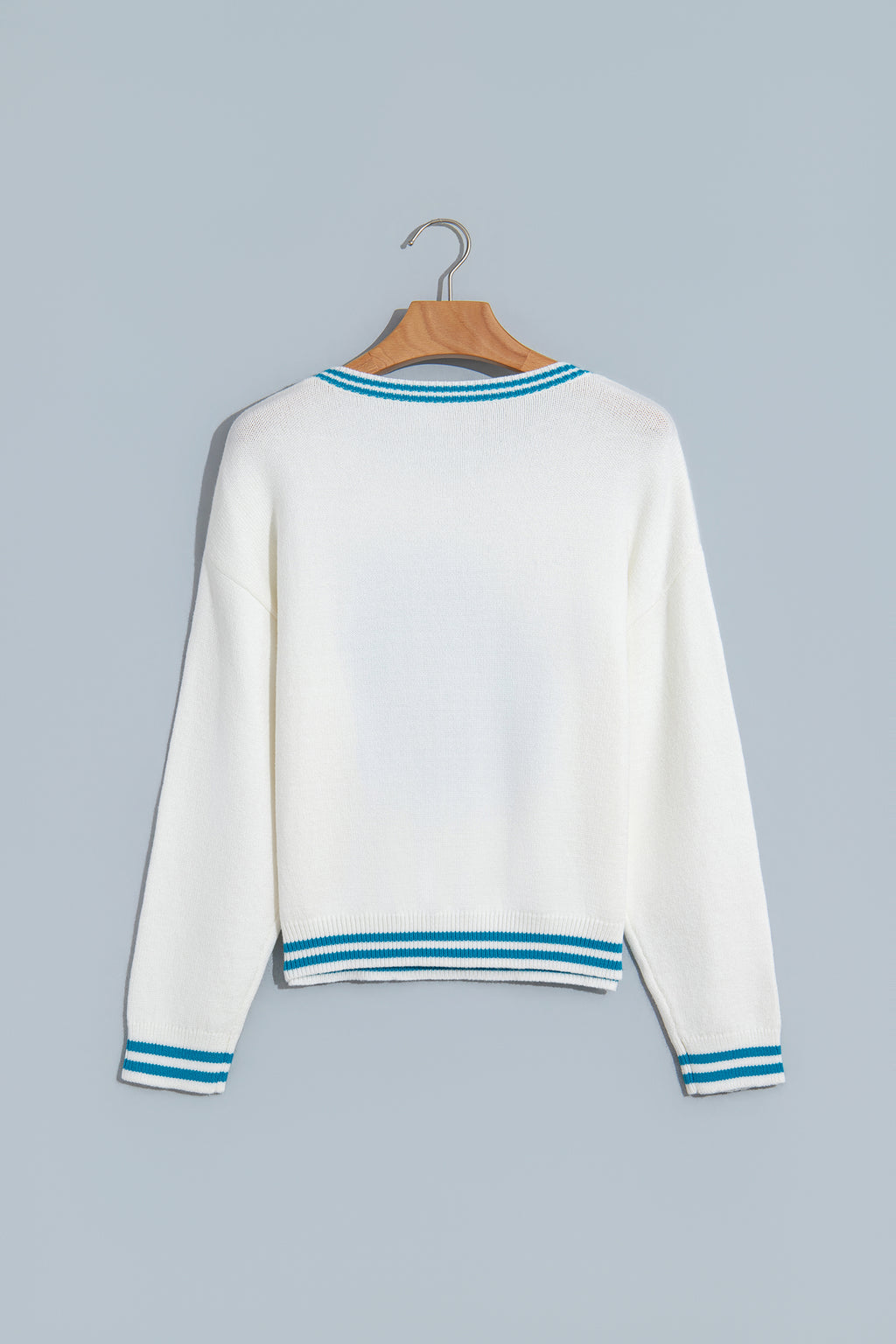 Light Blue Bulldog Contrast Trim Round Neck Casual Sweater