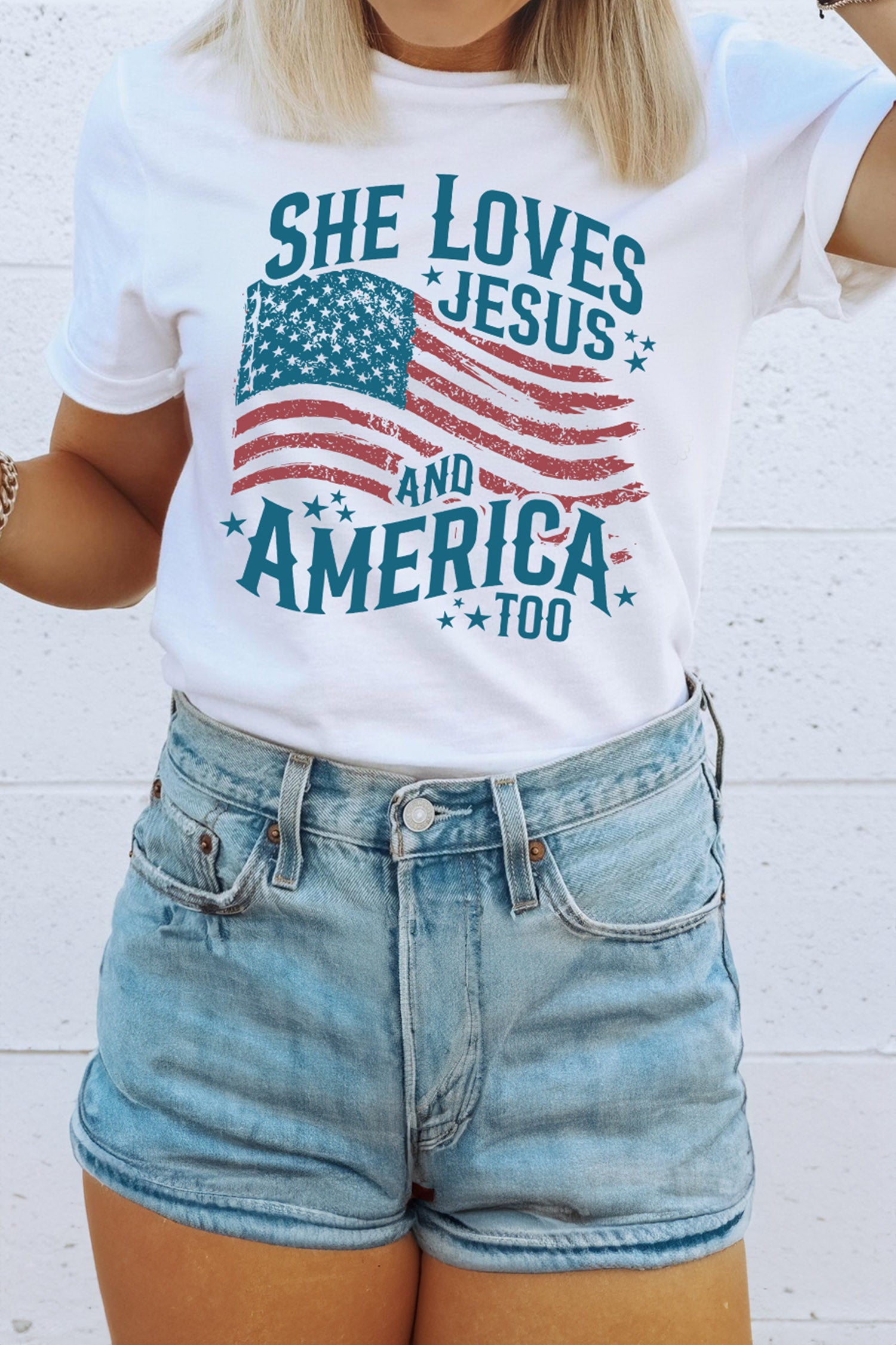 White She Loves Jesus and America Flag Graphic Tee