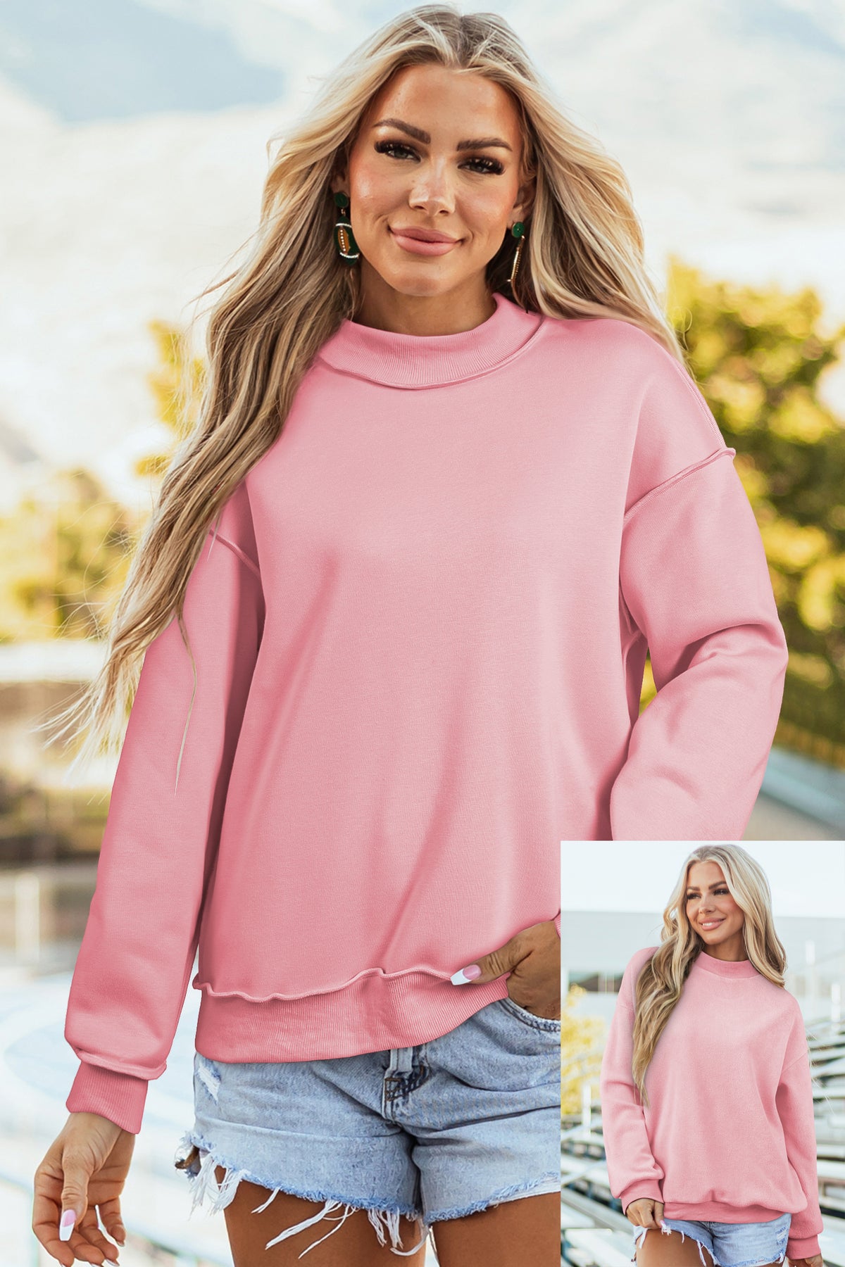 Bluing Oversize Drop Shoulder Reversible Mock Neck Sweatshirt