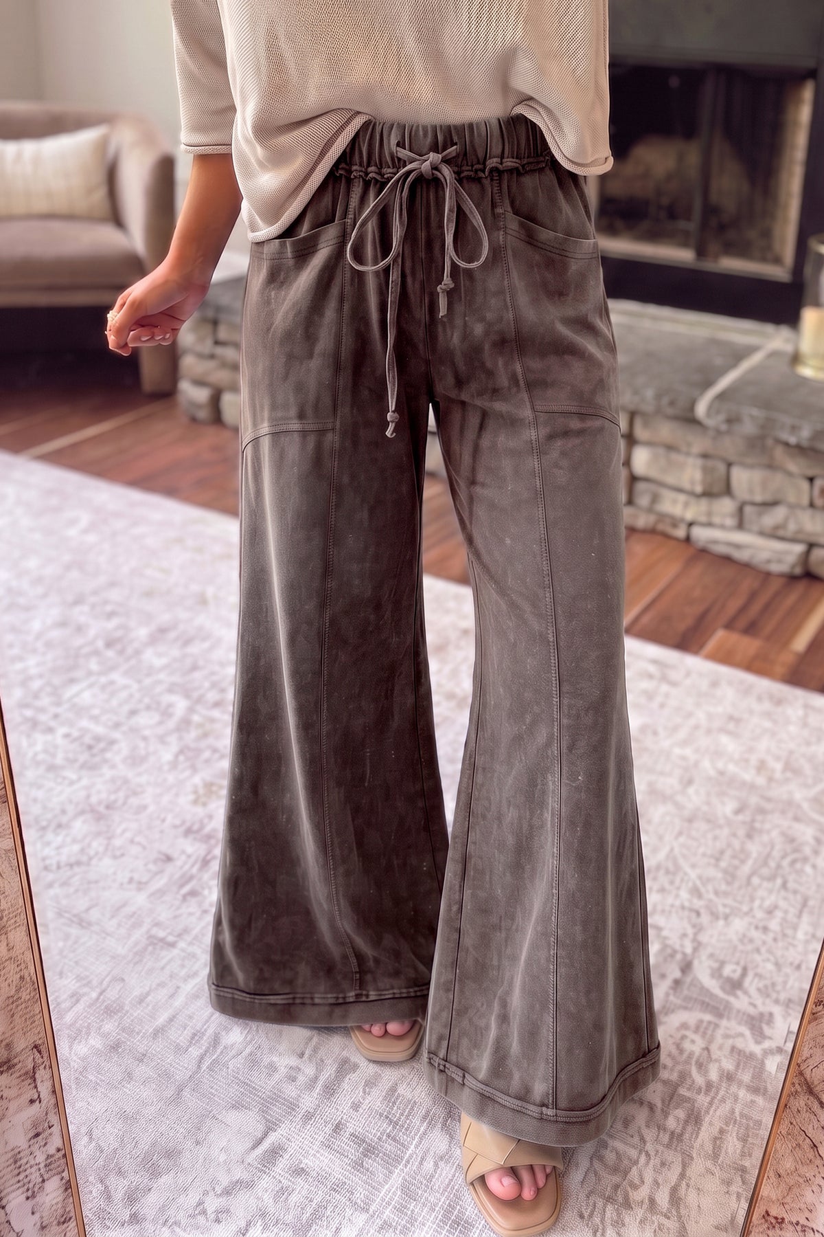 Coffee Mineral Wash Seam Detail Flare Leg Drawstring Pants