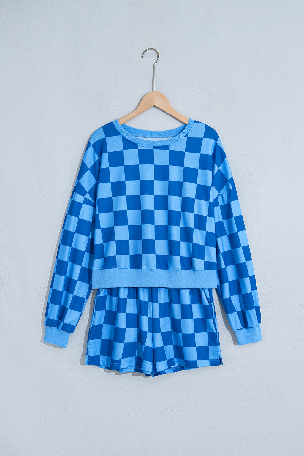 Orange Plaid Checkered Long Sleeve Crop Top Elastic Waist Shorts Two Piece Set