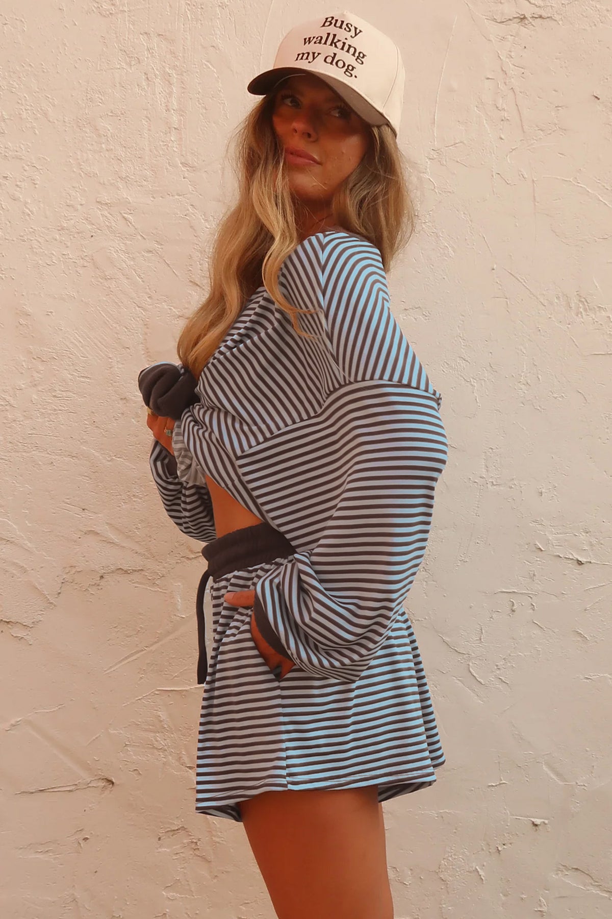 Blue Stripe Oversized Long Sleeve Top Drawstring Loose Shorts 2pcs Set