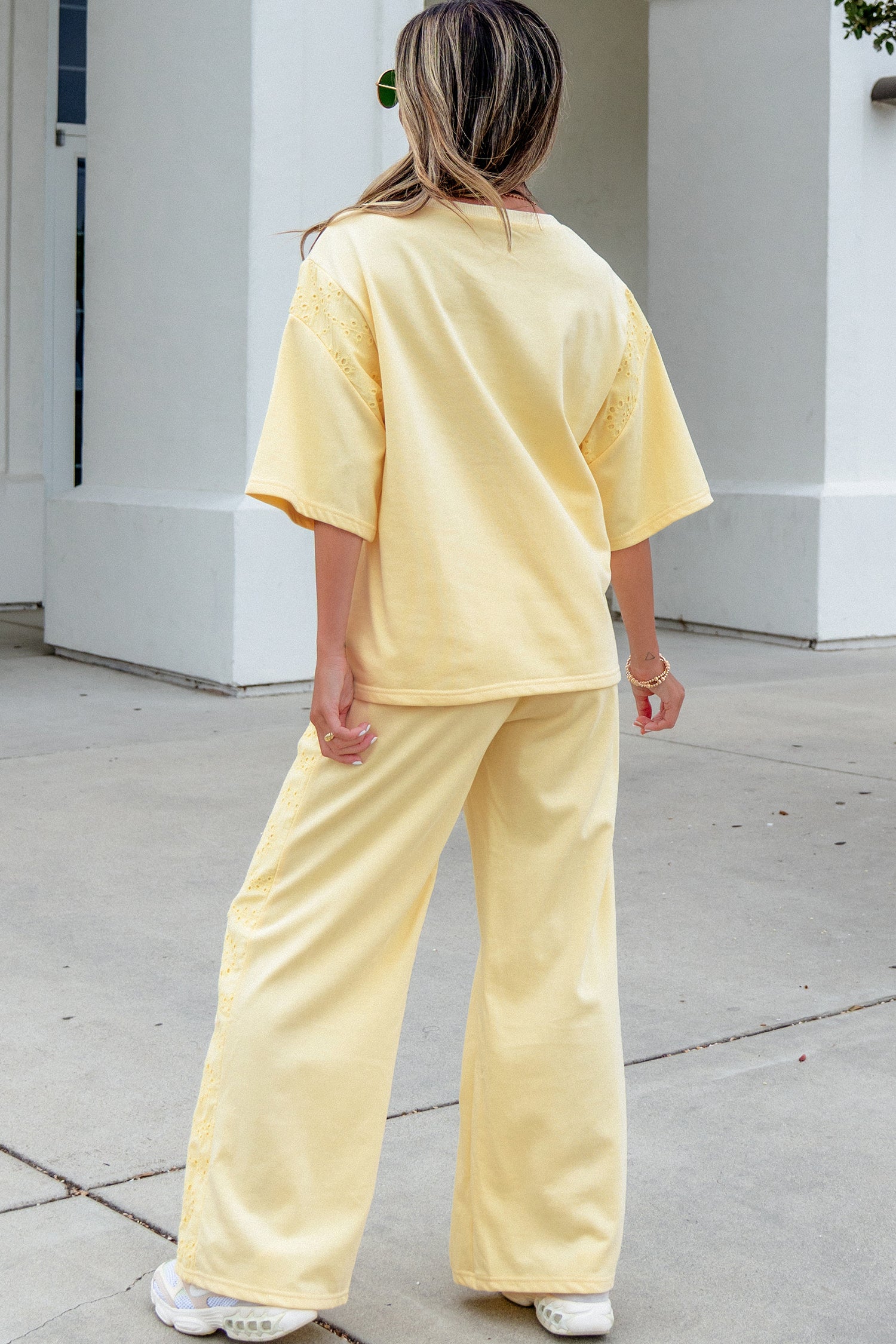 Sachet Pink Lace Patchwork Half Sleeve Top Elastic Waist Pants Two Piece Set