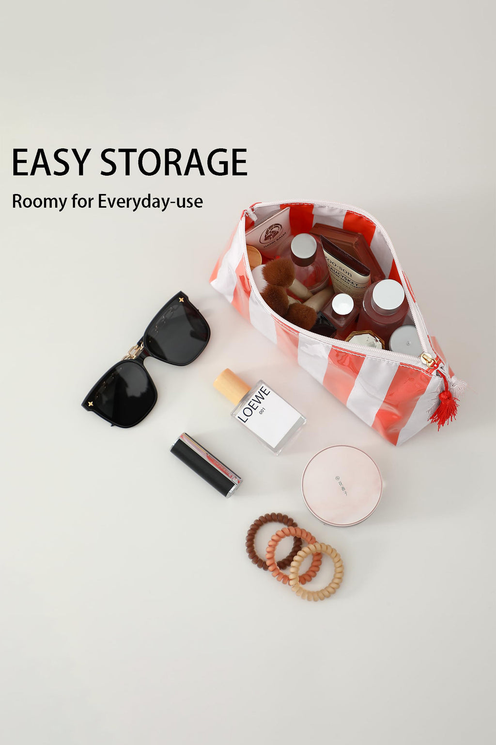 Light Pink Striped Vinyl Waterproof Tassel Zipper Makeup Bag