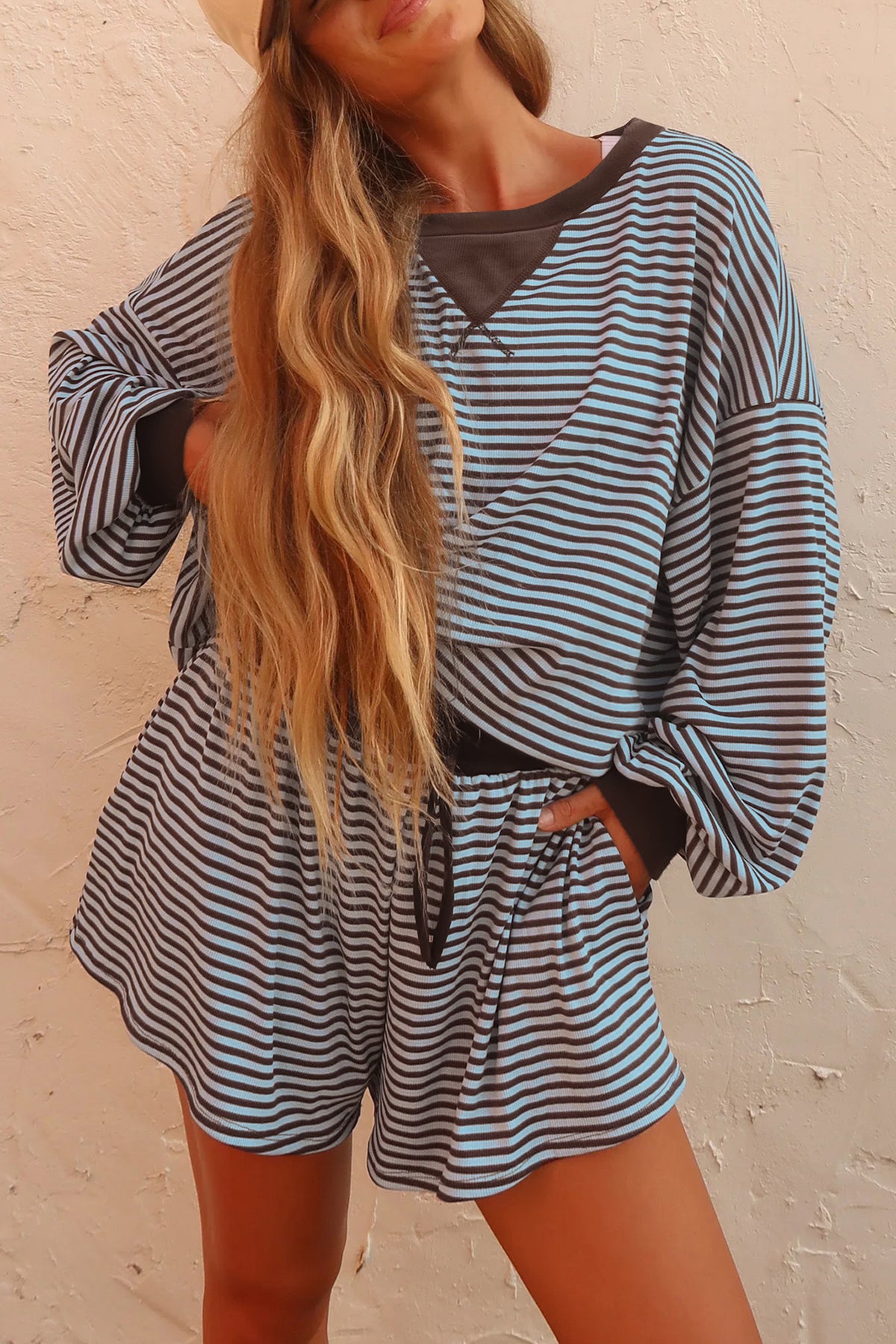 Blue Stripe Oversized Long Sleeve Top Drawstring Loose Shorts 2pcs Set