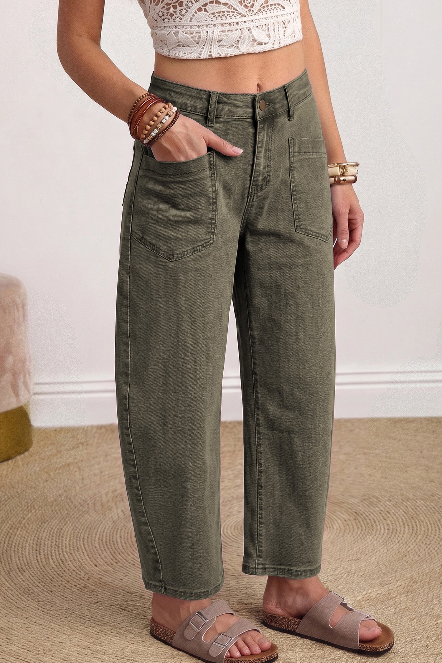 Beau Blue Solid Color Square Patch Pocket Ankle-length Barrel Jeans
