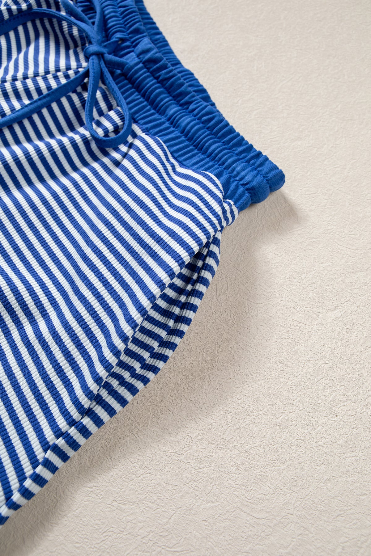 Blue Stripe Oversized Long Sleeve Top Drawstring Loose Shorts 2pcs Set
