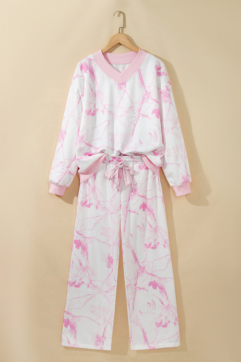 Pink Abstract Plant Print Long Sleeve V Neck Pant Set