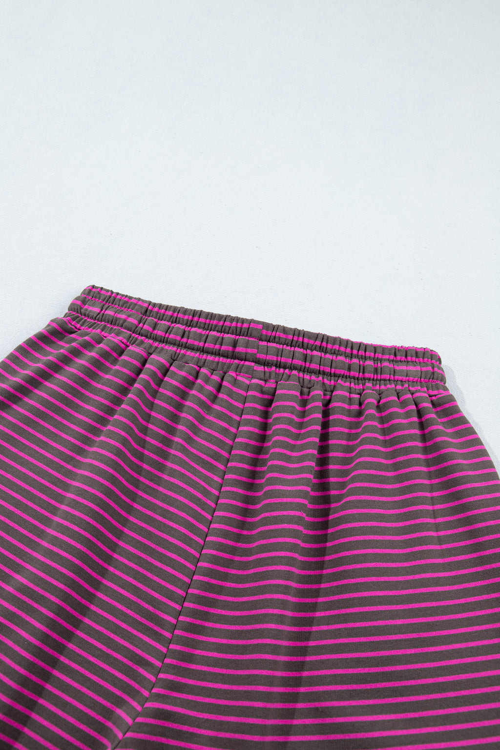 Pink Stripe Ribbed Patchwork Mock Neck Baggy Pullover Matching Shorts Set