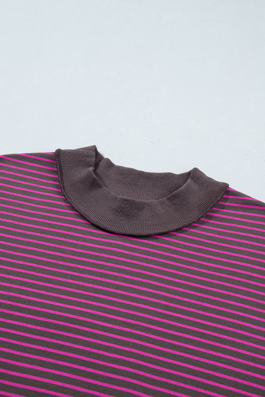 Pink Stripe Ribbed Patchwork Mock Neck Baggy Pullover Matching Shorts Set