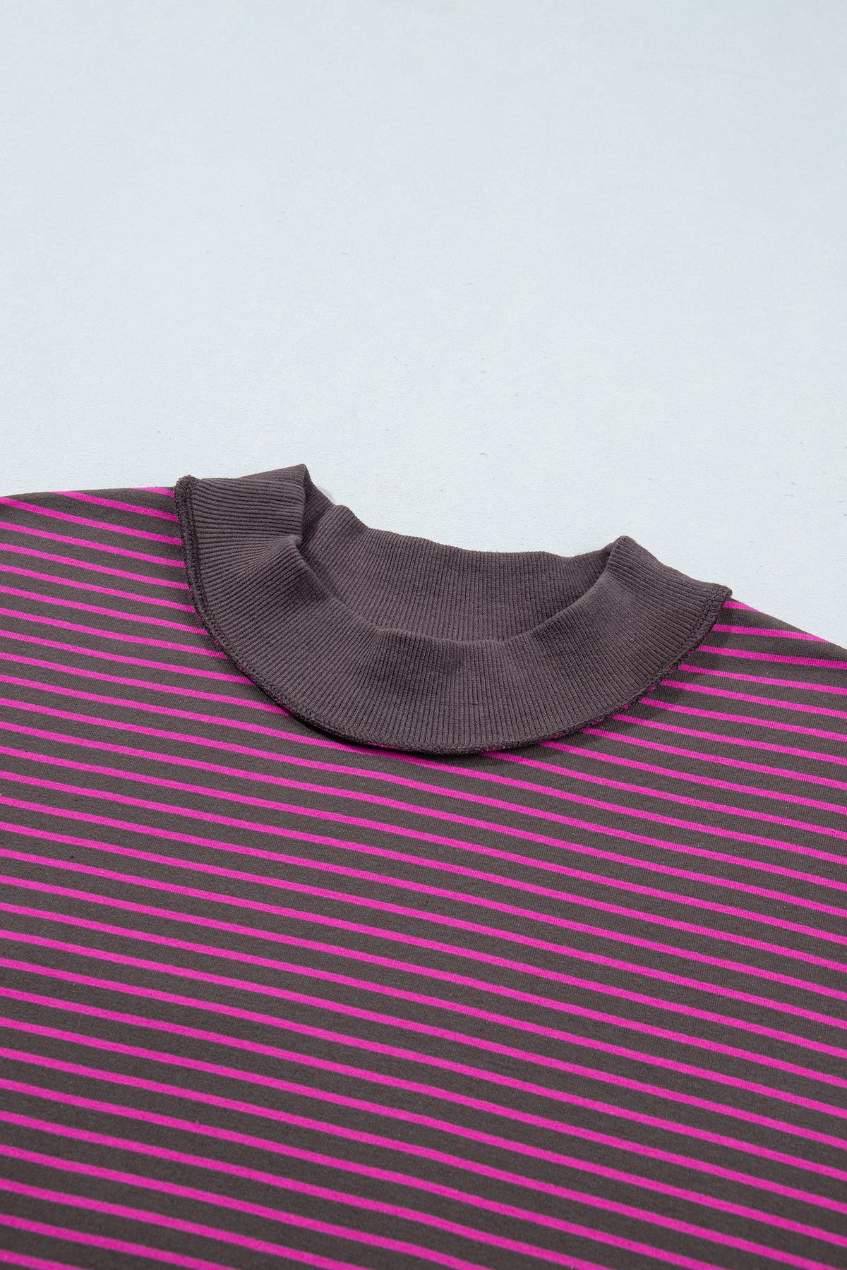 Pink Stripe Ribbed Patchwork Mock Neck Baggy Pullover Matching Shorts Set