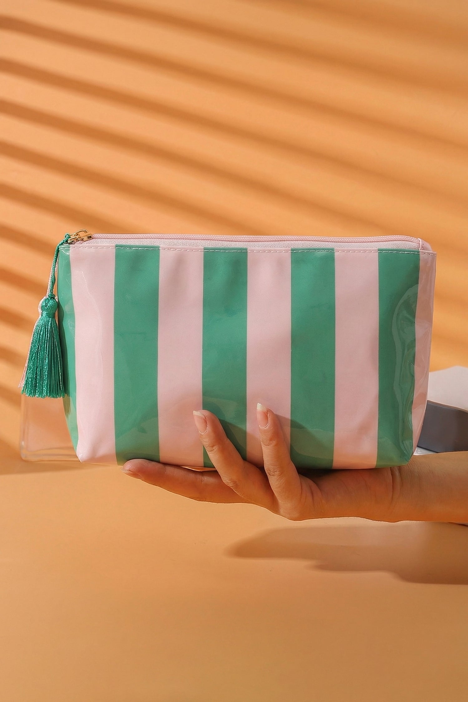 Light Pink Striped Vinyl Waterproof Tassel Zipper Makeup Bag