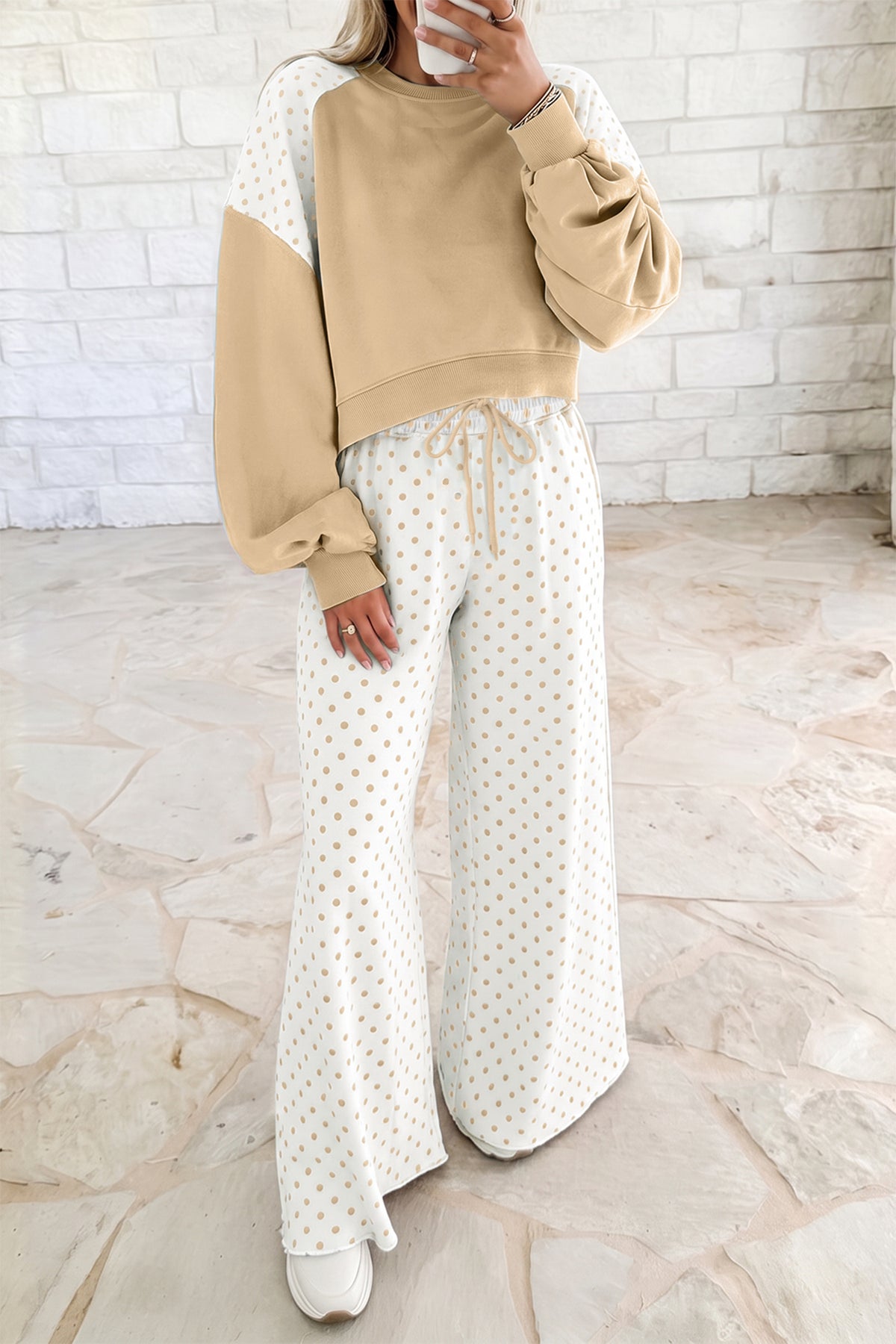 Light Blue Polka Dot Patchwork Colorblock Long Sleeve Casual Two Piece Pants Set