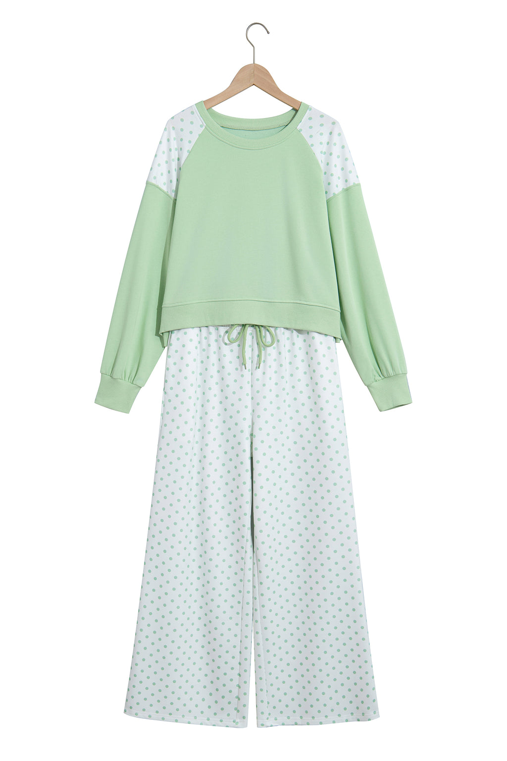 Light Blue Polka Dot Patchwork Colorblock Long Sleeve Casual Two Piece Pants Set