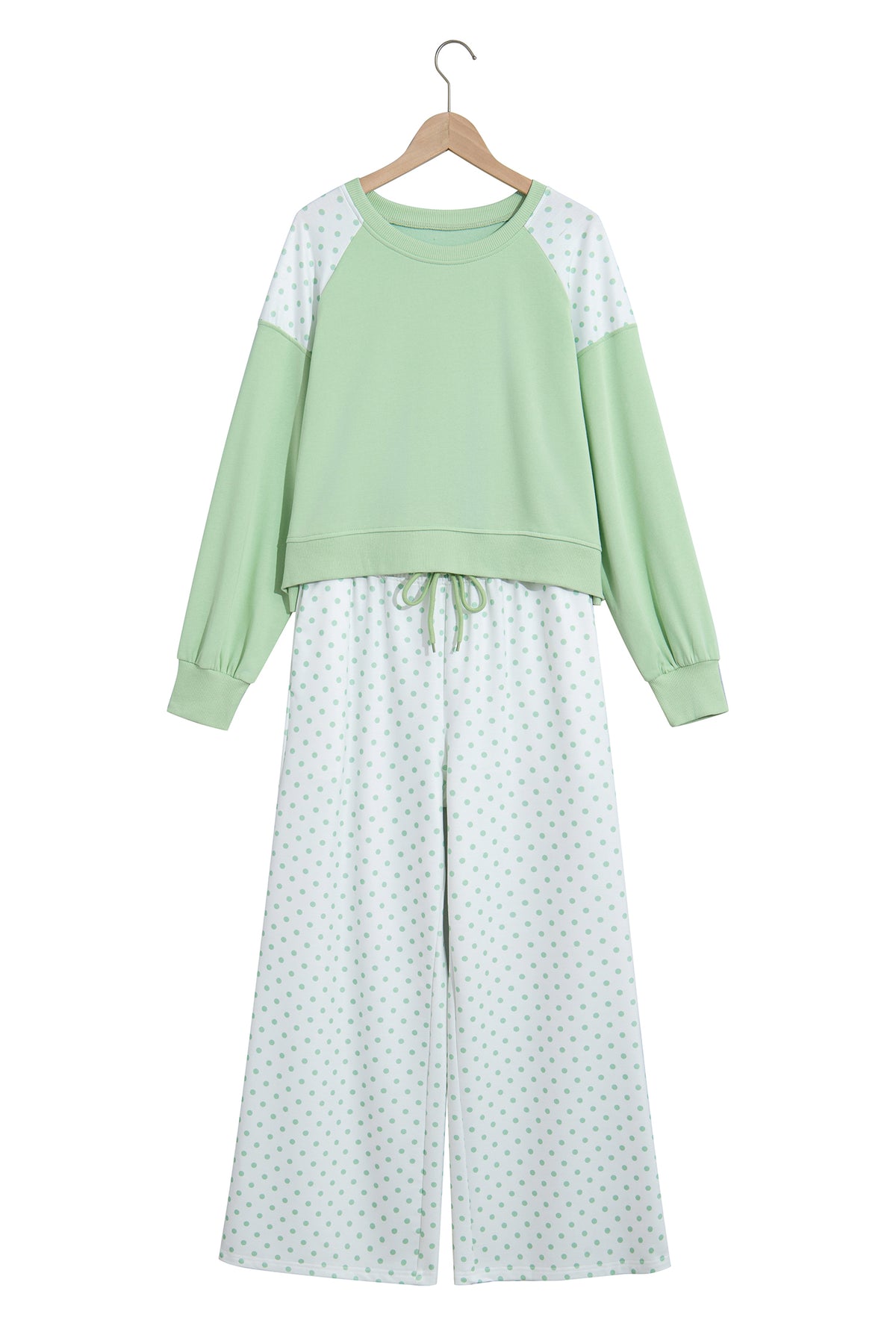 Light Blue Polka Dot Patchwork Colorblock Long Sleeve Casual Two Piece Pants Set